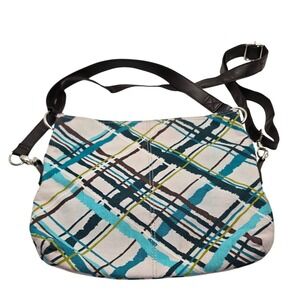 Thirty One Crossbody Bag Plaid Teal Brown Adjustable Strap Casual